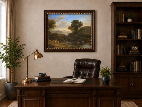 Hand-painted Classical Pastoral River with Cattle landscape oil painting displayed as wall art in a styled interior