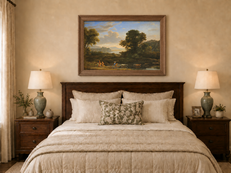 Hand-painted Classical Pastoral River with Cattle landscape oil painting displayed as wall art in a styled interior