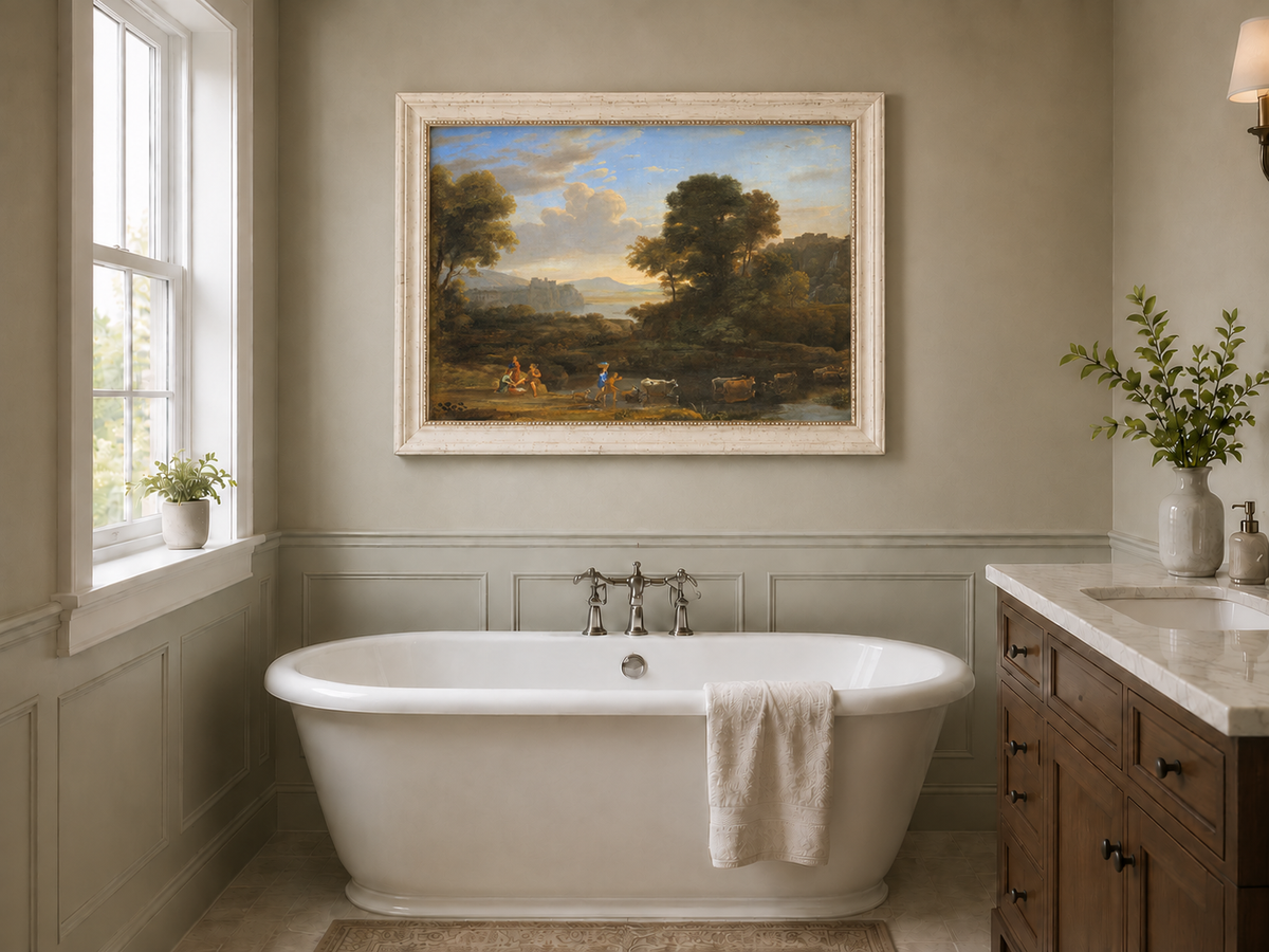 Hand-painted Classical Pastoral River with Cattle landscape oil painting displayed as wall art in a styled interior
