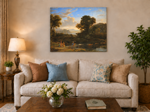 Hand-painted Classical Pastoral River with Cattle landscape oil painting displayed as wall art in a styled interior
