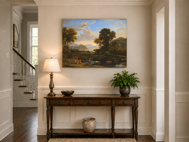 Hand-painted Classical Pastoral River with Cattle landscape oil painting displayed as wall art in a styled interior