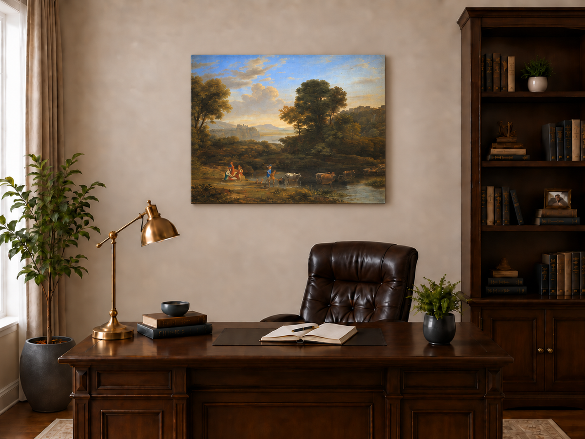 Hand-painted Classical Pastoral River with Cattle landscape oil painting displayed as wall art in a styled interior