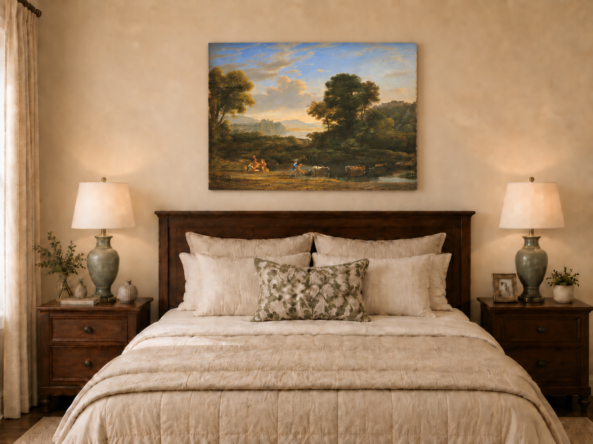 Hand-painted Classical Pastoral River with Cattle landscape oil painting displayed as wall art in a styled interior