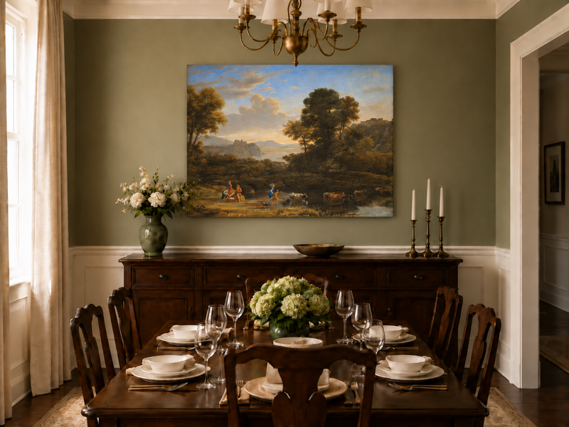Hand-painted Classical Pastoral River with Cattle landscape oil painting displayed as wall art in a styled interior