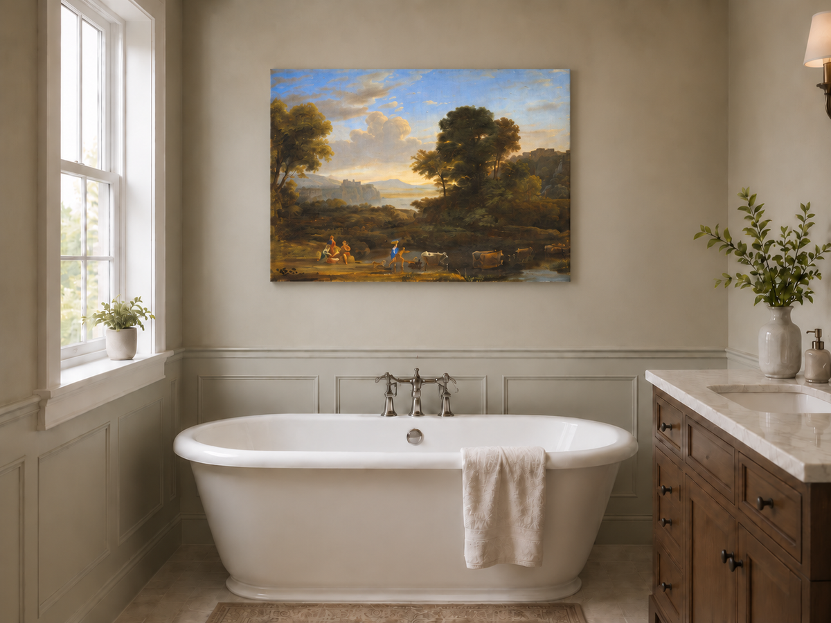 Hand-painted Classical Pastoral River with Cattle landscape oil painting displayed as wall art in a styled interior