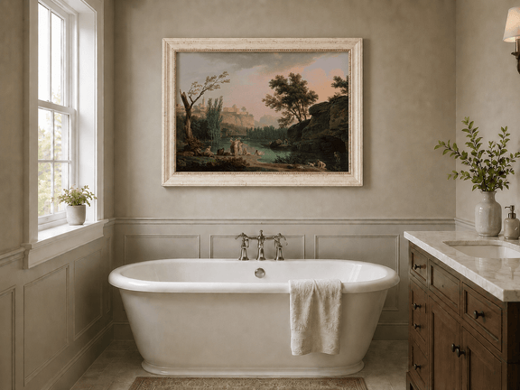 Classical riverside landscape oil painting presented as interior home decor.