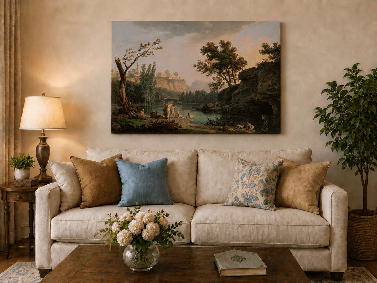 Classical river bathing hand-painted oil artwork displayed in a second interior view.