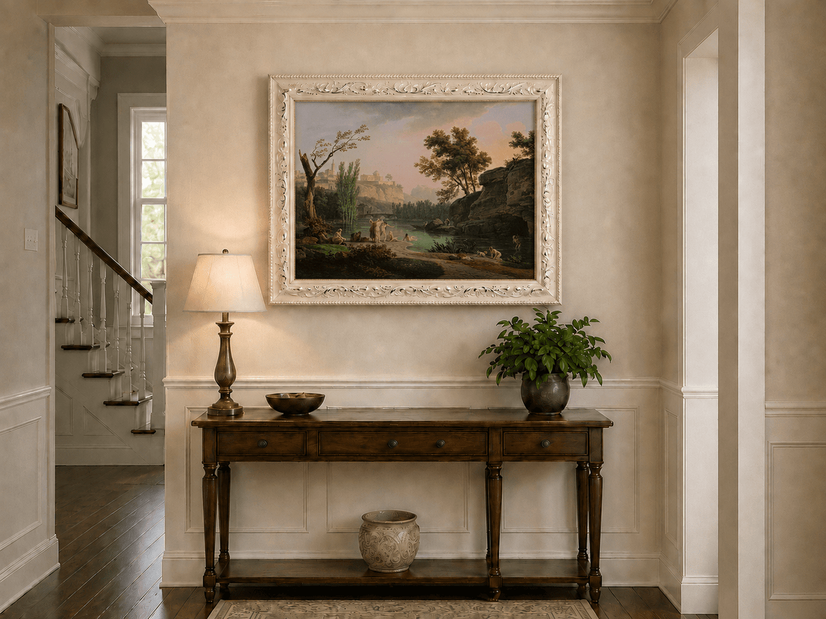 Classical river bathing scene hand-painted oil artwork shown as home wall decor.