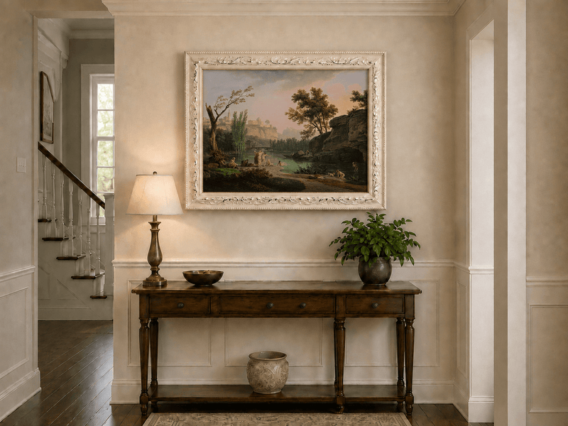 Classical river bathing scene hand-painted oil artwork shown as home wall decor.