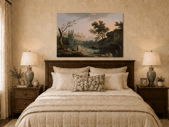 Classical river bathing oil painting displayed as landscape wall decor.