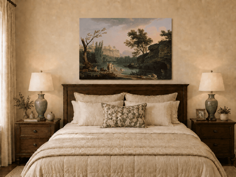 Classical river bathing oil painting displayed as landscape wall decor.