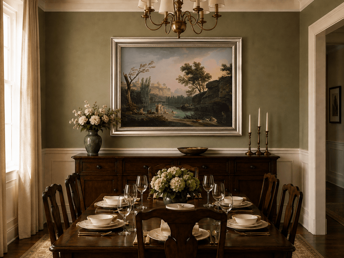 Classical river bathing oil landscape artwork shown in a styled home interior.