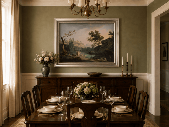 Classical river bathing oil landscape artwork shown in a styled home interior.