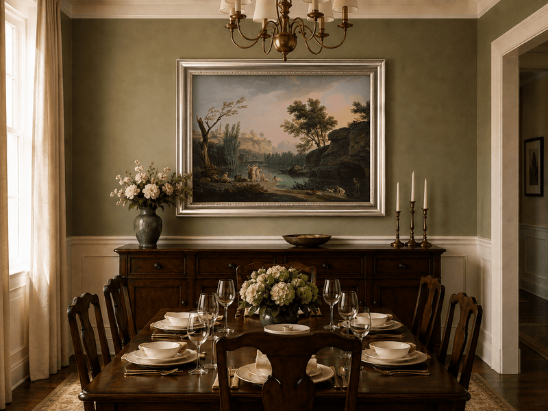 Classical river bathing oil landscape artwork shown in a styled home interior.
