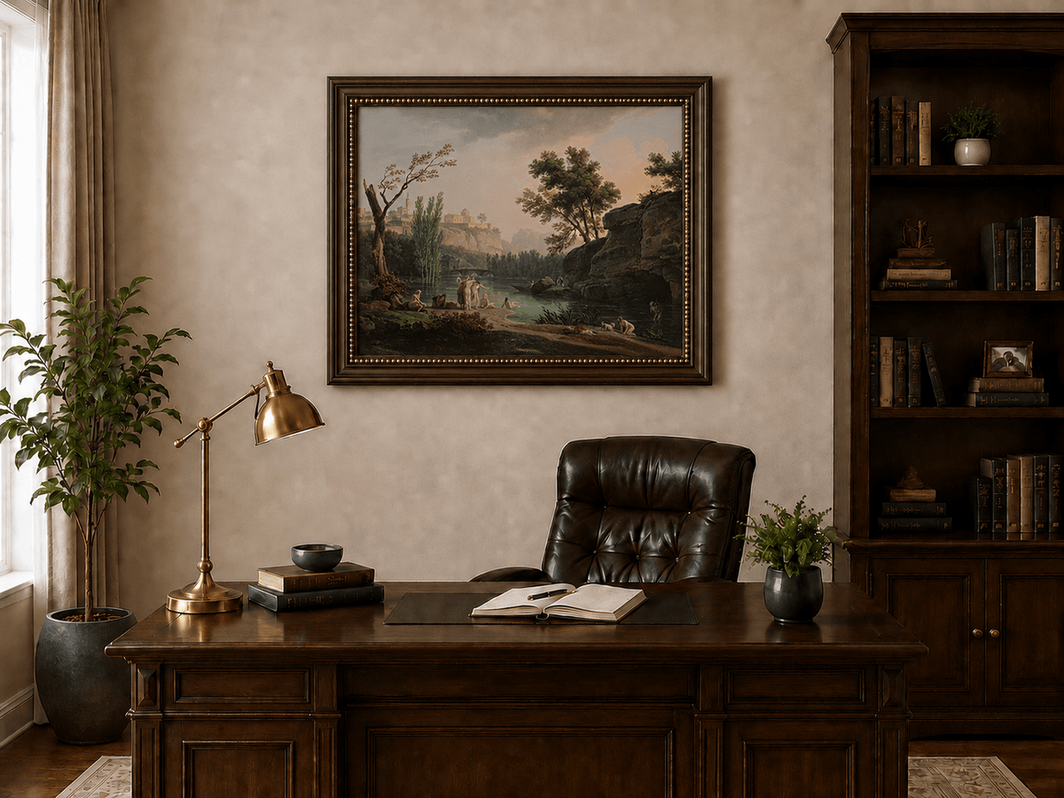 Classical riverside bathing landscape oil painting presented in an interior wall art mockup.