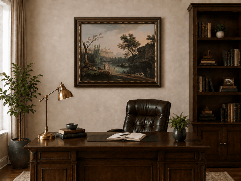Classical riverside bathing landscape oil painting presented in an interior wall art mockup.
