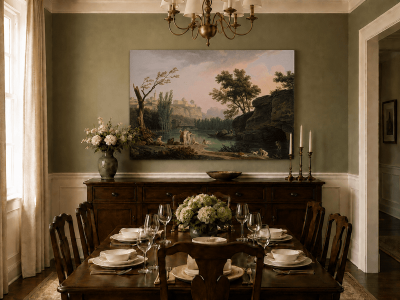 Hand-painted classical riverside landscape artwork in an interior display.