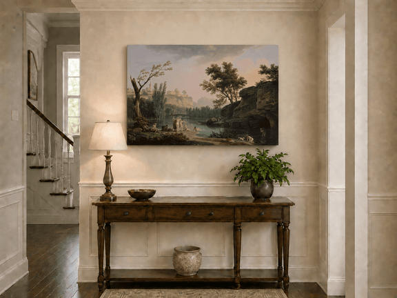 Classical river landscape painting shown as decorative oil wall art.