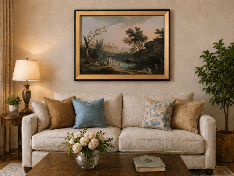 Classical river bathing landscape oil painting displayed in a styled home interior.