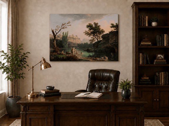 Interior wall art view featuring a classical river bathing landscape oil painting.