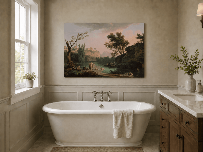 Classical river bathing landscape oil painting presented as styled home decor.