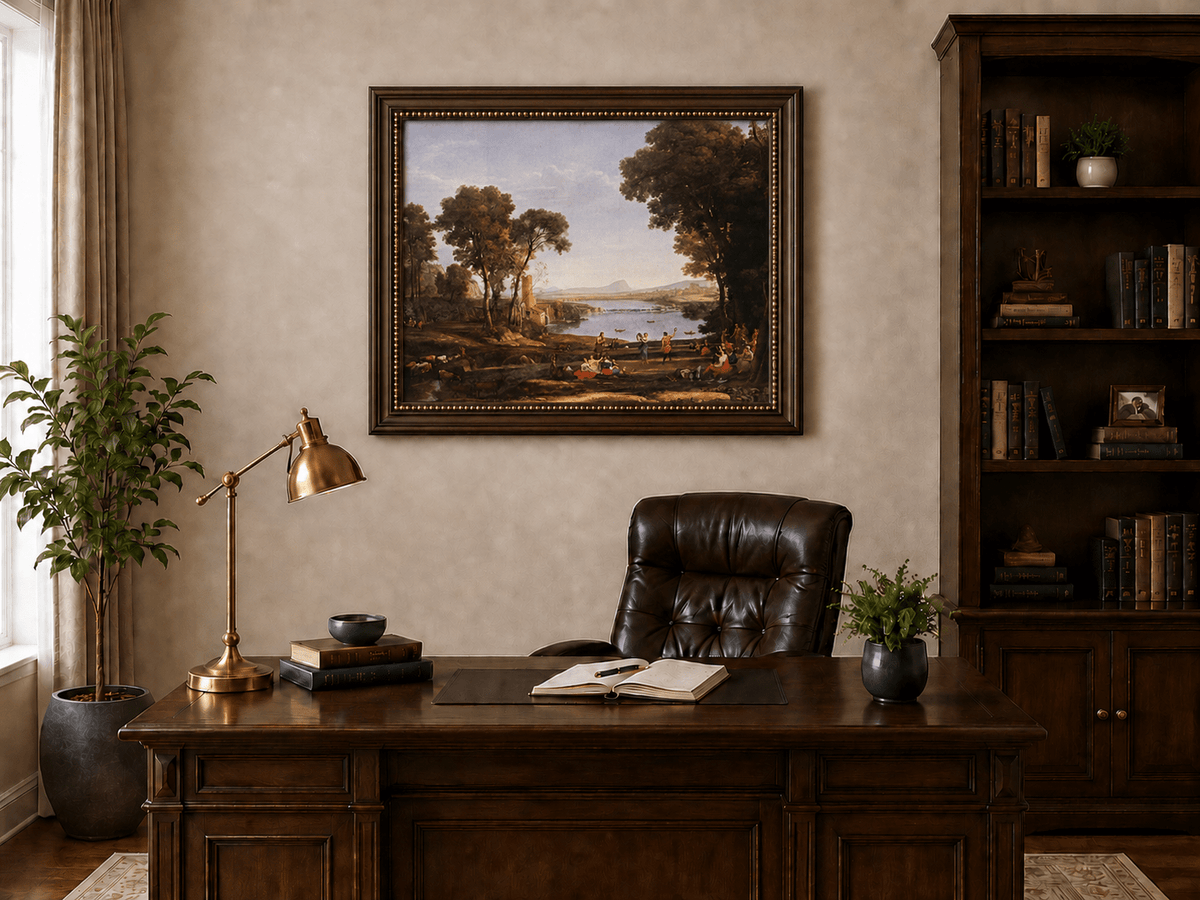 Landscape Oil Painting - Classical River Dance and Figures Scene