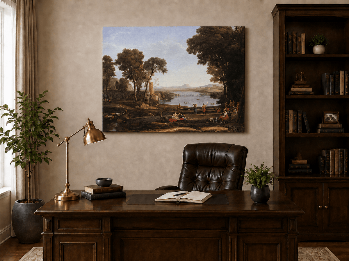 Landscape Oil Painting - Classical River Dance and Figures Scene