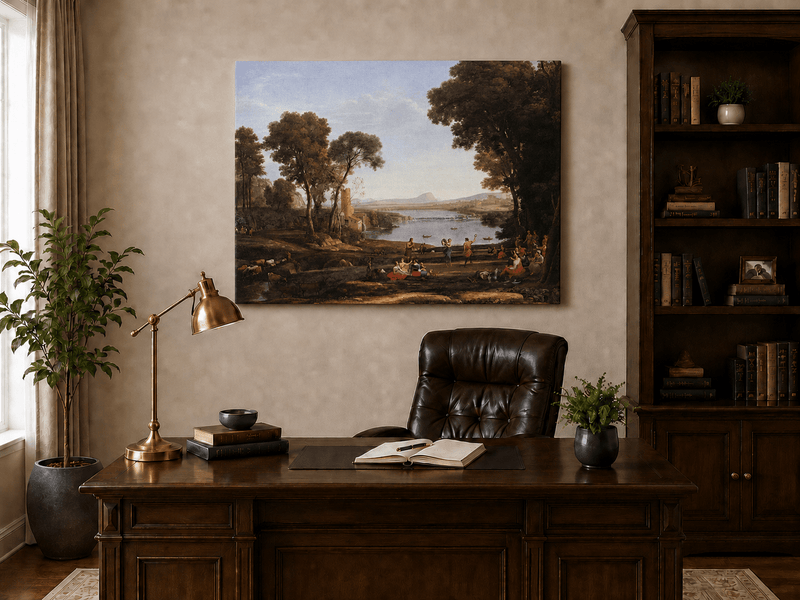 Landscape Oil Painting - Classical River Dance and Figures Scene