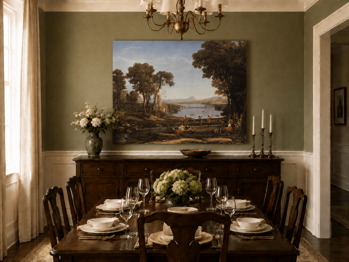 Landscape Oil Painting - Classical River Dance and Figures Scene