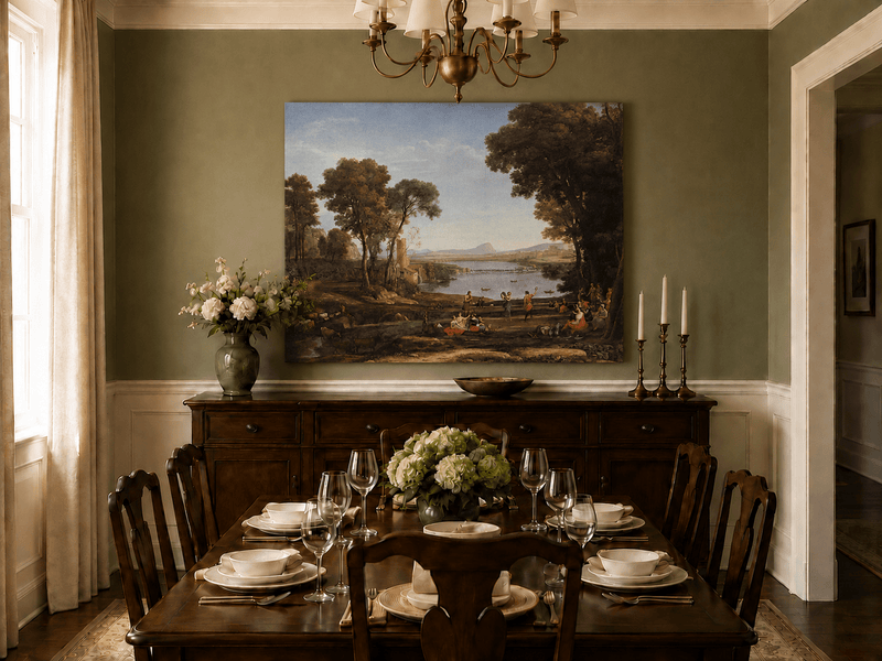 Landscape Oil Painting - Classical River Dance and Figures Scene