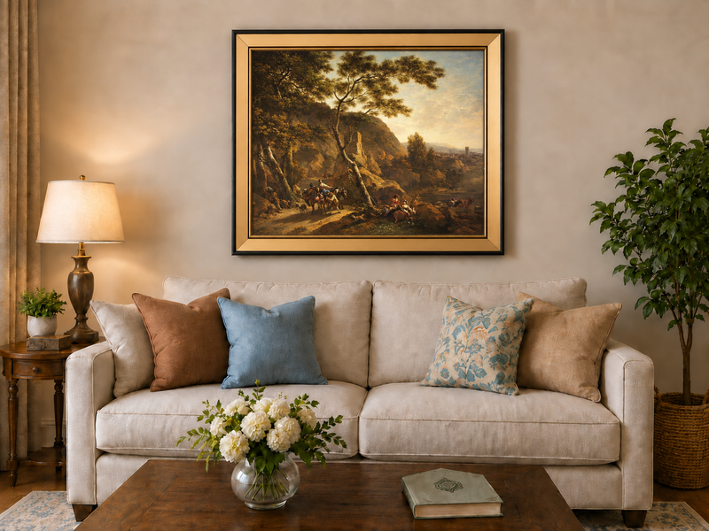 Hand-painted Classical River Road with Travelers landscape oil painting displayed as wall art in a styled interior