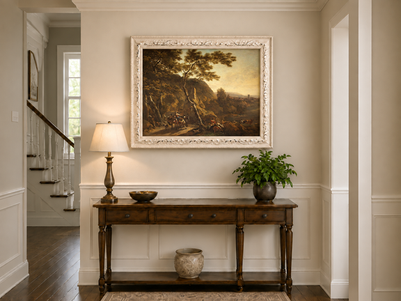 Hand-painted Classical River Road with Travelers landscape oil painting displayed as wall art in a styled interior