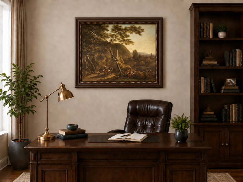 Hand-painted Classical River Road with Travelers landscape oil painting displayed as wall art in a styled interior