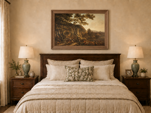 Hand-painted Classical River Road with Travelers landscape oil painting displayed as wall art in a styled interior