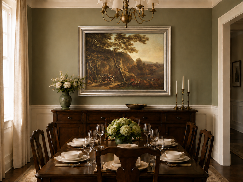 Hand-painted Classical River Road with Travelers landscape oil painting displayed as wall art in a styled interior