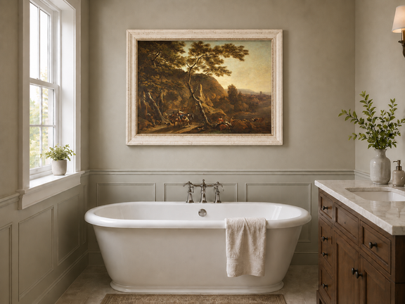 Hand-painted Classical River Road with Travelers landscape oil painting displayed as wall art in a styled interior