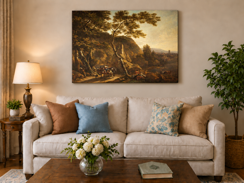 Hand-painted Classical River Road with Travelers landscape oil painting displayed as wall art in a styled interior