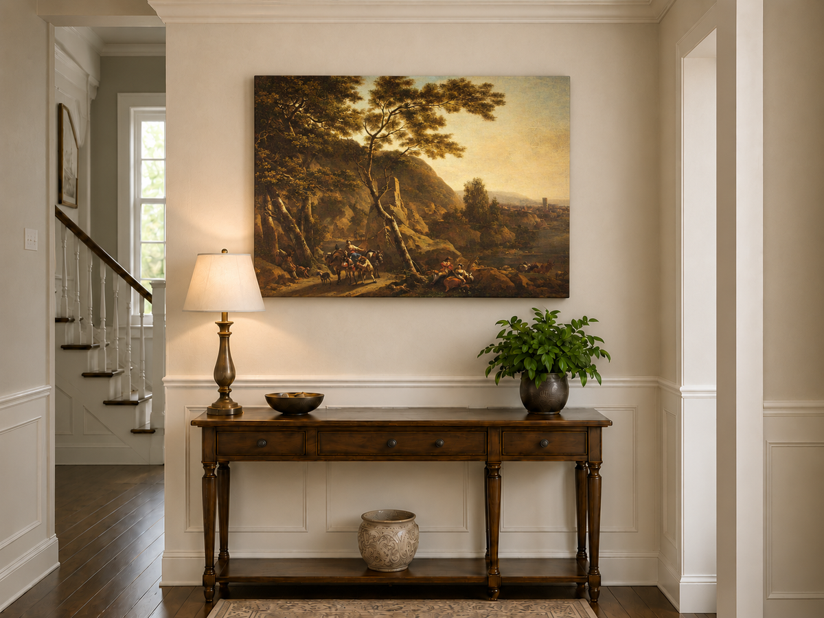 Hand-painted Classical River Road with Travelers landscape oil painting displayed as wall art in a styled interior