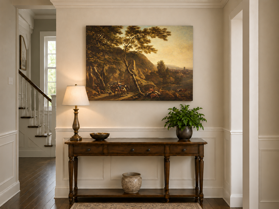 Hand-painted Classical River Road with Travelers landscape oil painting displayed as wall art in a styled interior