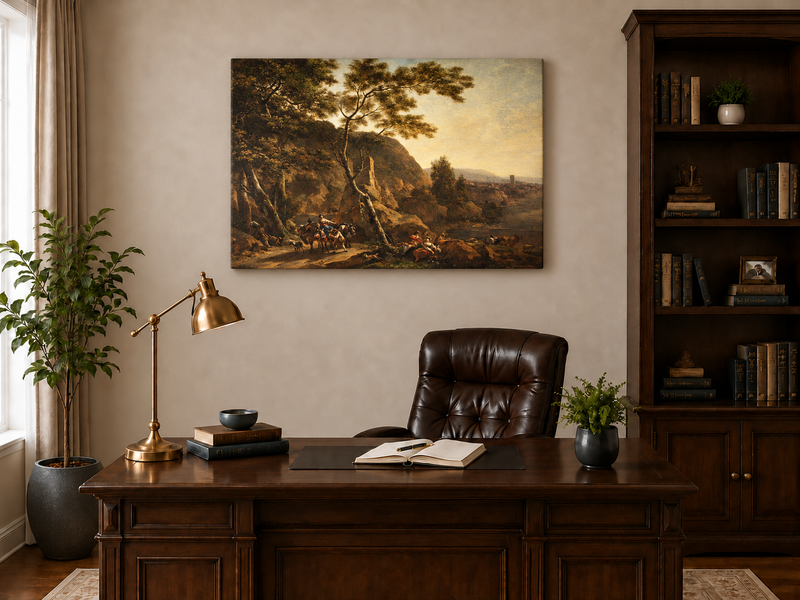 Hand-painted Classical River Road with Travelers landscape oil painting displayed as wall art in a styled interior