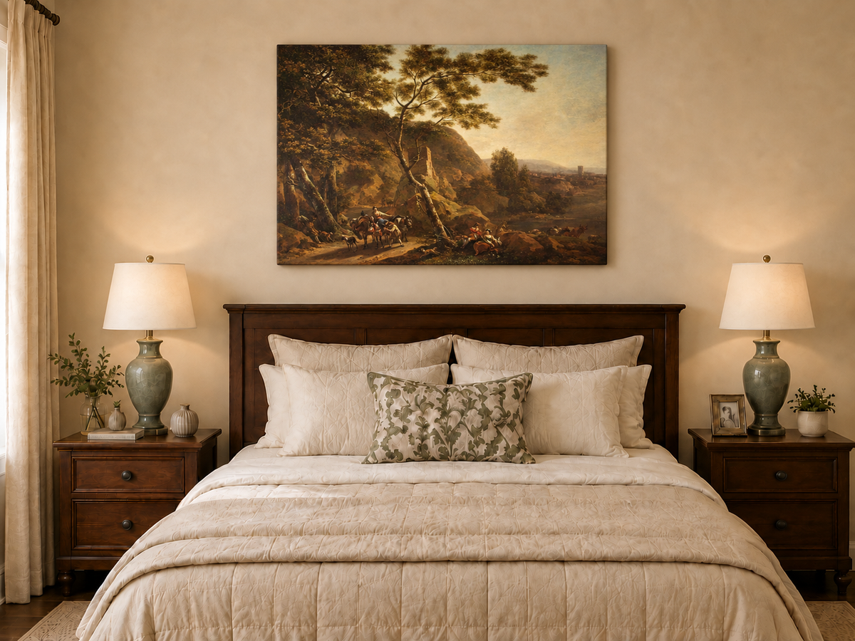 Hand-painted Classical River Road with Travelers landscape oil painting displayed as wall art in a styled interior