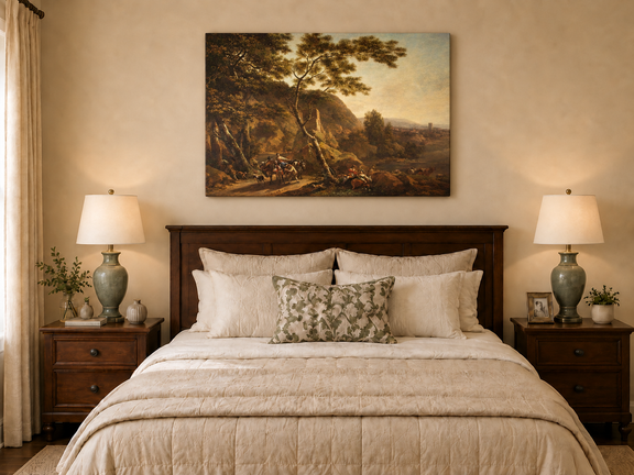 Hand-painted Classical River Road with Travelers landscape oil painting displayed as wall art in a styled interior