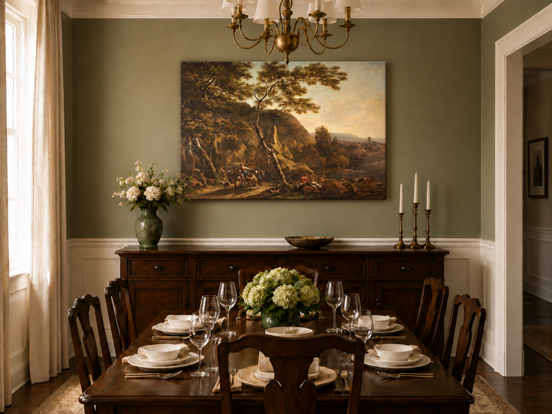 Hand-painted Classical River Road with Travelers landscape oil painting displayed as wall art in a styled interior