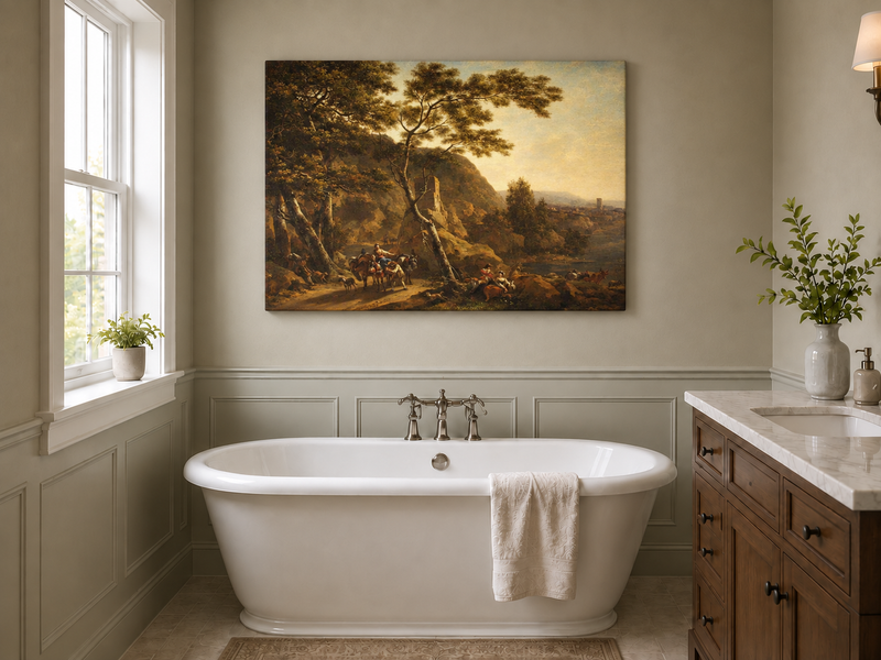 Hand-painted Classical River Road with Travelers landscape oil painting displayed as wall art in a styled interior