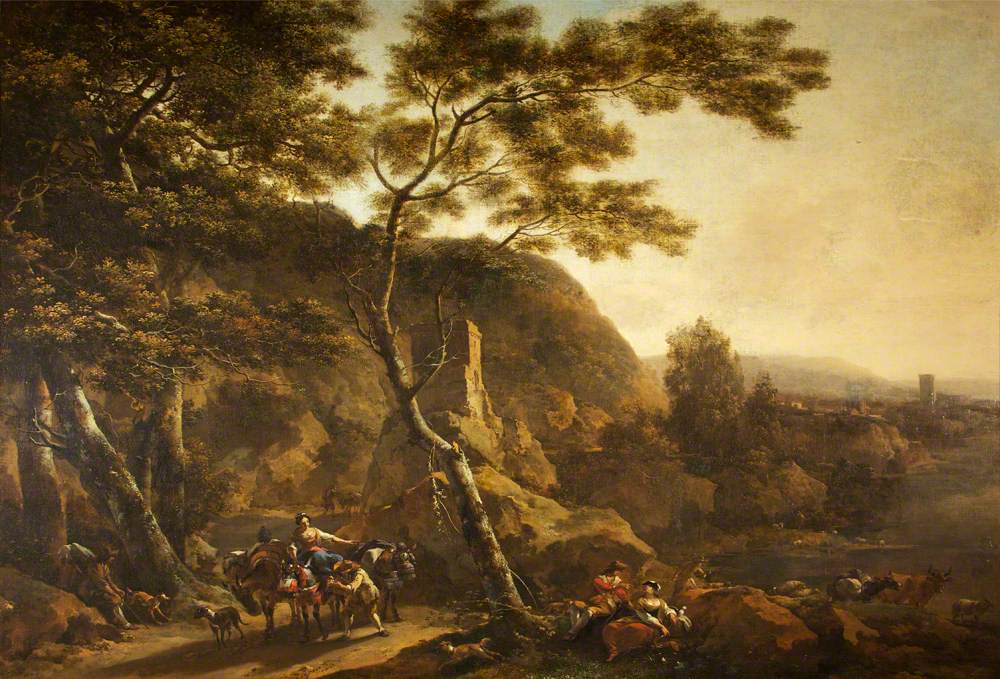 Landscape Oil Painting - Classical River Road with Travelers - Oil Painting Haven