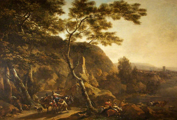 Landscape Oil Painting - Classical River Road with Travelers - Oil Painting Haven