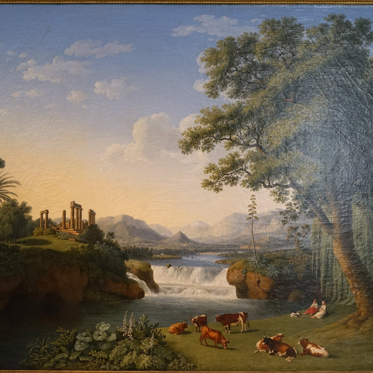 Landscape Oil Painting - Classical River Ruins, Waterfall & Cattle - Oil Painting Haven