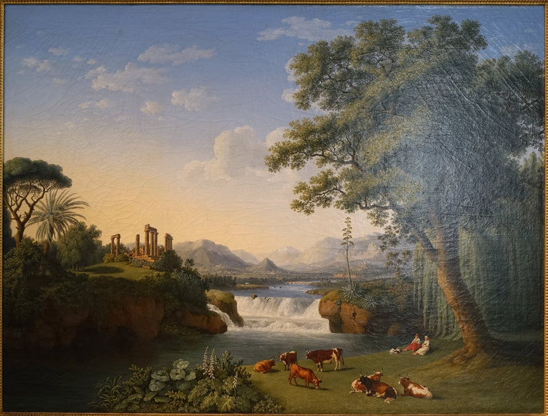 Landscape Oil Painting - Classical River Ruins, Waterfall & Cattle - Oil Painting Haven