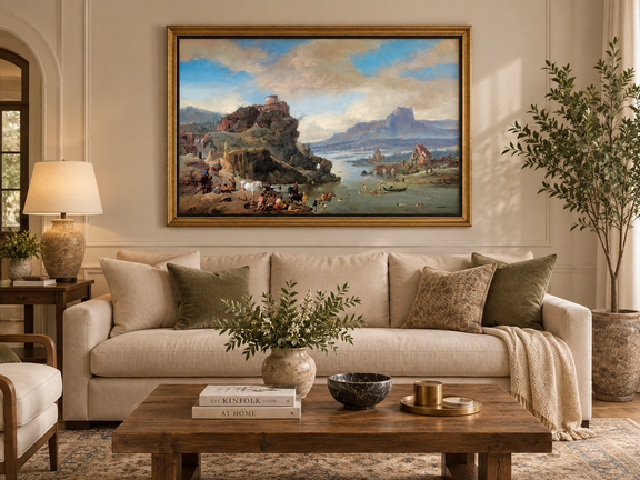 Hand-painted Classical River Ruins with Bathers landscape oil painting displayed as wall art in a styled interior