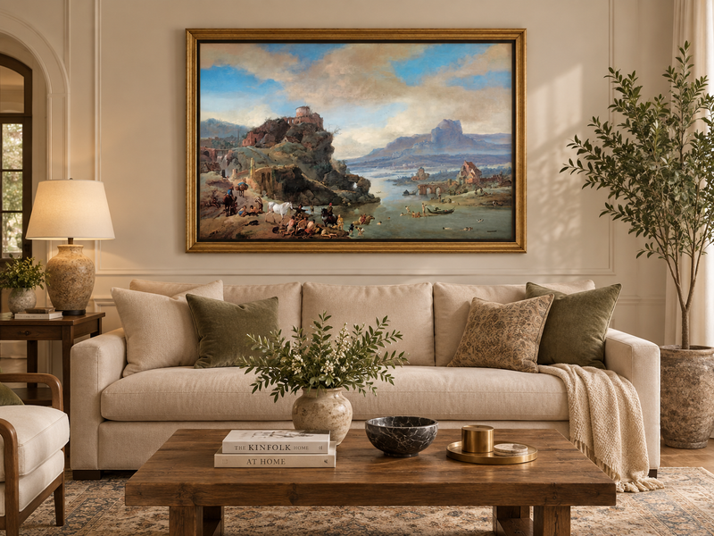 Hand-painted Classical River Ruins with Bathers landscape oil painting displayed as wall art in a styled interior